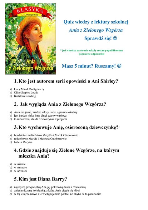 Ania Z Zielonego Wzgórza Test Klasa 5 Ania Z Zielonego Wzgórza - Test 20 Pytań | PDF